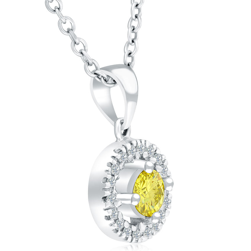 0.97 Carat Fancy Yellow Diamond Pendant Necklace 18k White Gold Pave Halo