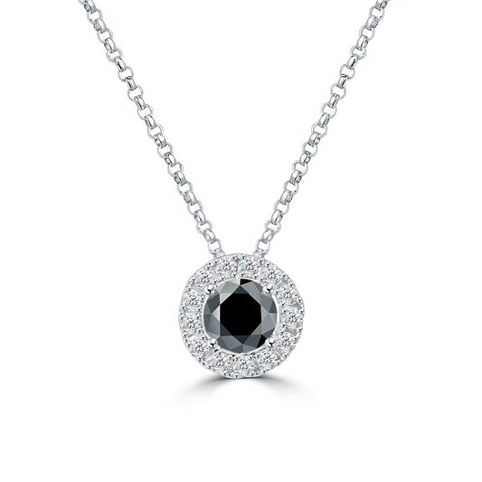 0.75 Carat Fancy Black Diamond Pendant Necklace 14k White Gold Pave Halo