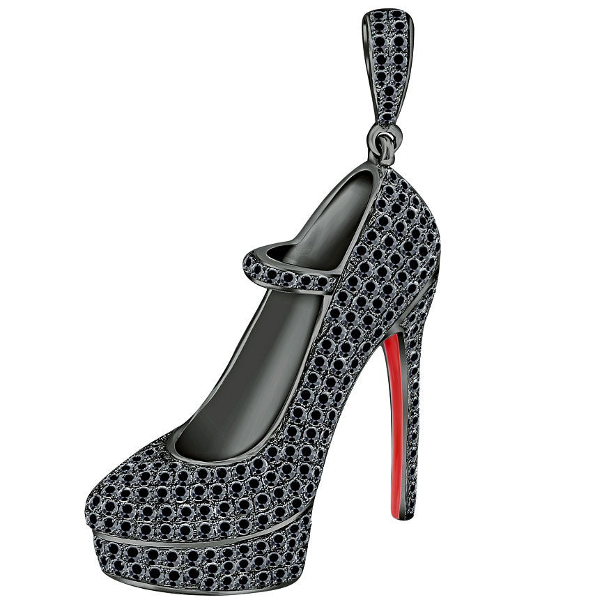 2.20 Carat Black Diamond Red Bottom Shoe Charm Diamond Pendant 14k White Gold