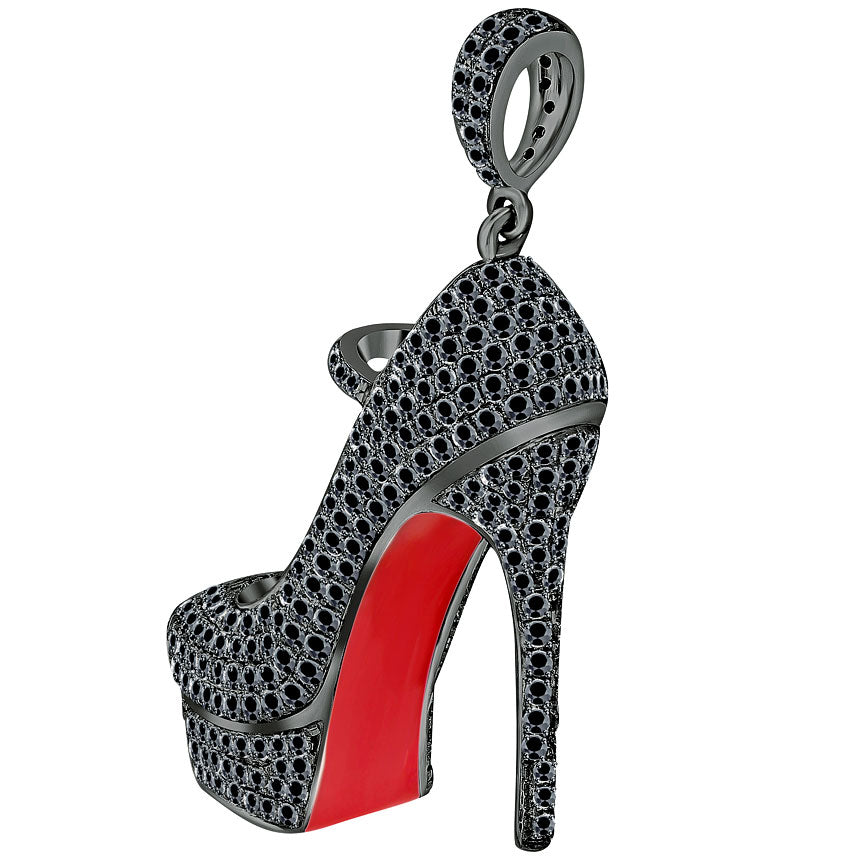 2.20 Carat Black Diamond Red Bottom Shoe Charm Diamond Pendant 14k White Gold