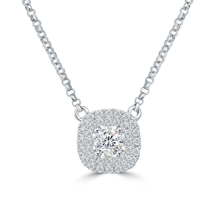 0.50 Ctw H-SI2 Round Diamond Solitaire Pendant Necklace 14k White Gold Pave Halo
