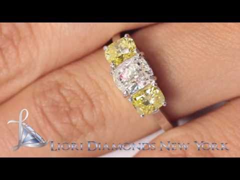 ER-0859 - 2.45 Carat Fancy Yellow & White Cushion Cut Three Stone Diamond Engagement Ring