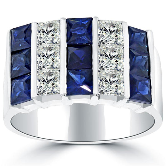 5.00 Carat Diamond & Blue Sapphire Princess Cut Diamond Wedding Band Ring 14k