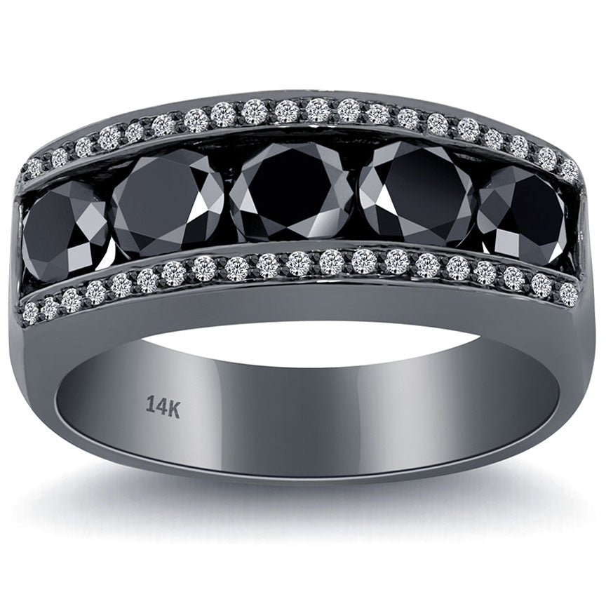 3.50 Carat Natural Black & White Diamond Mens Wedding Band Ring 14k Black Gold