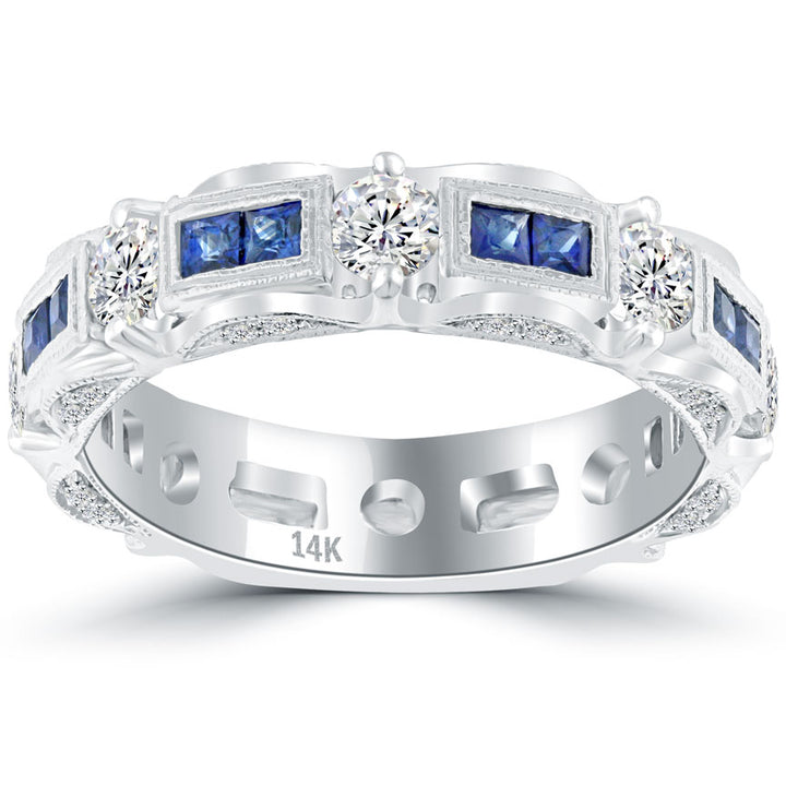 1.55ctw Genuine Blue Sapphire & Diamond Wedding Band Anniversary Ring 14k Gold