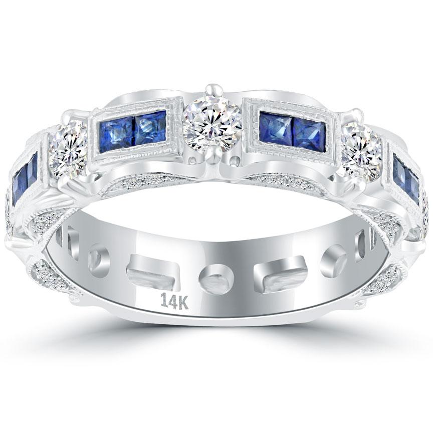1.55 CTW Genuine Blue Sapphire & Diamond Wedding Band Anniversary Ring 14k Gold