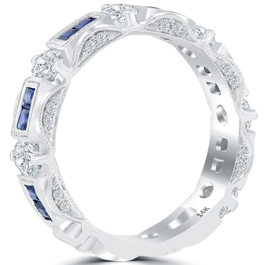 1.55 CTW Genuine Blue Sapphire & Diamond Wedding Band Anniversary Ring 14k Gold