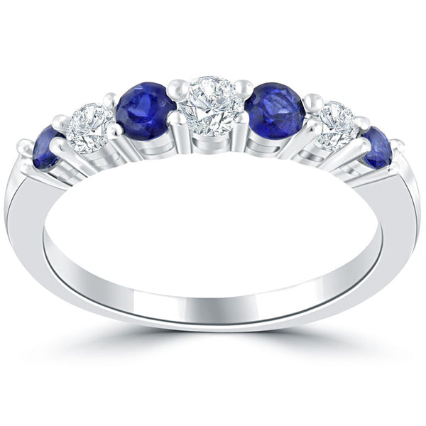 0.90ctw Genuine Blue Sapphire & Natural Diamond Wedding Band Anniversary Ring 14k Gold