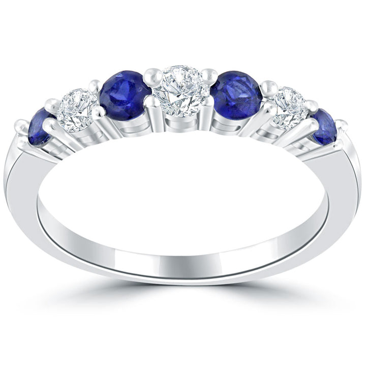 0.90ctw Genuine Blue Sapphire & Natural Diamond Wedding Band Anniversary Ring 14k Gold