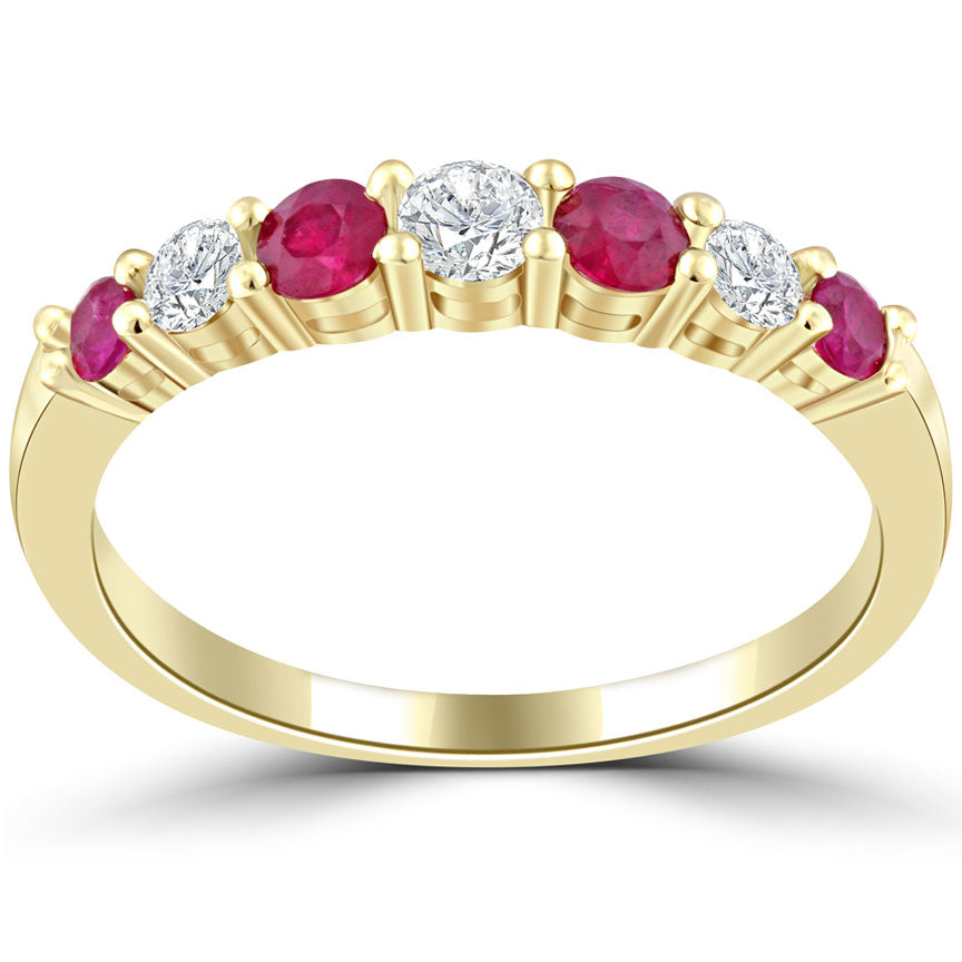 0.90ctw Genuine Ruby & Natural Diamond Wedding Band Anniversary Ring 14k Yellow Gold