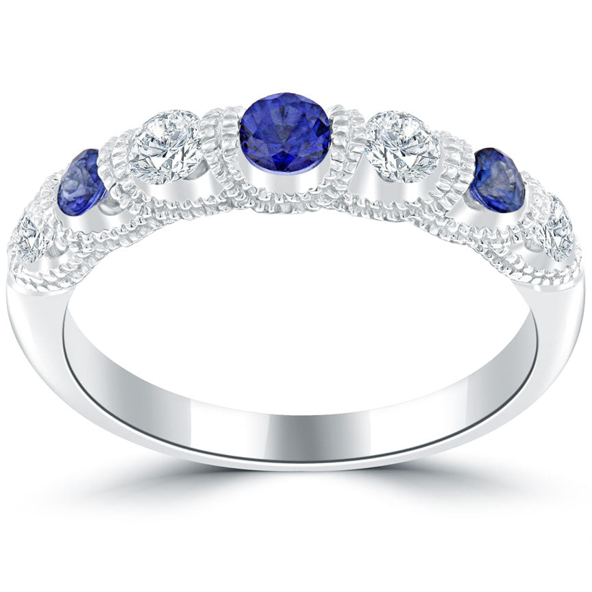 1.15 CTW Genuine Blue Sapphire & Diamond Wedding Band Anniversary Ring 14k Gold
