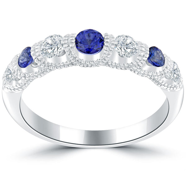 1.15 CTW Genuine Blue Sapphire & Diamond Wedding Band Anniversary Ring 14k Gold