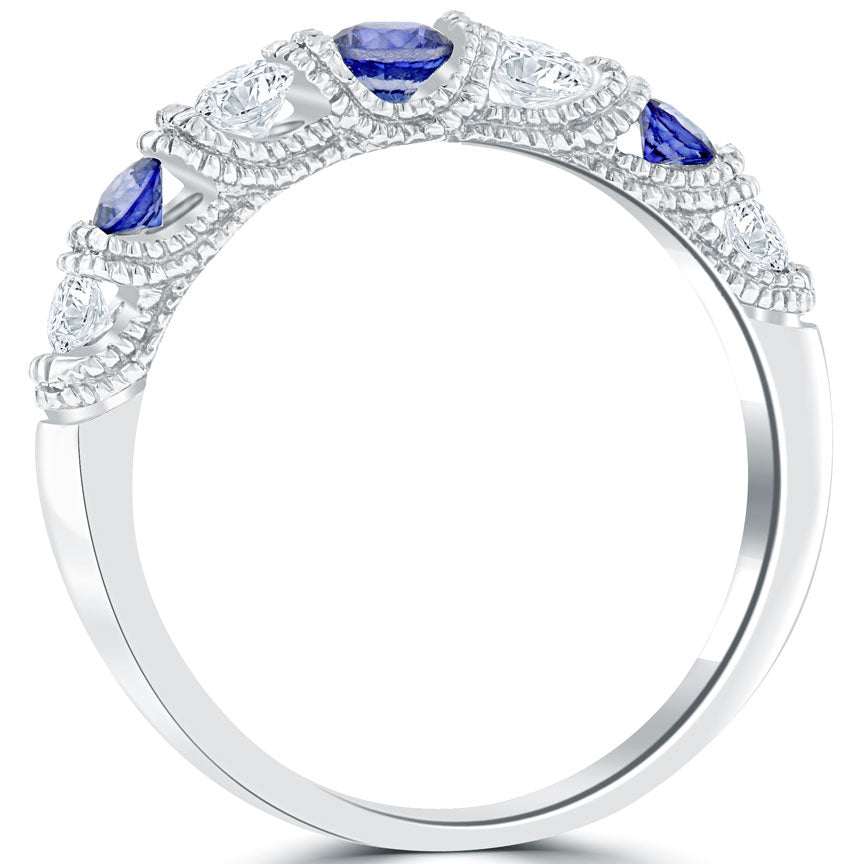 1.15 CTW Genuine Blue Sapphire & Diamond Wedding Band Anniversary Ring 14k Gold