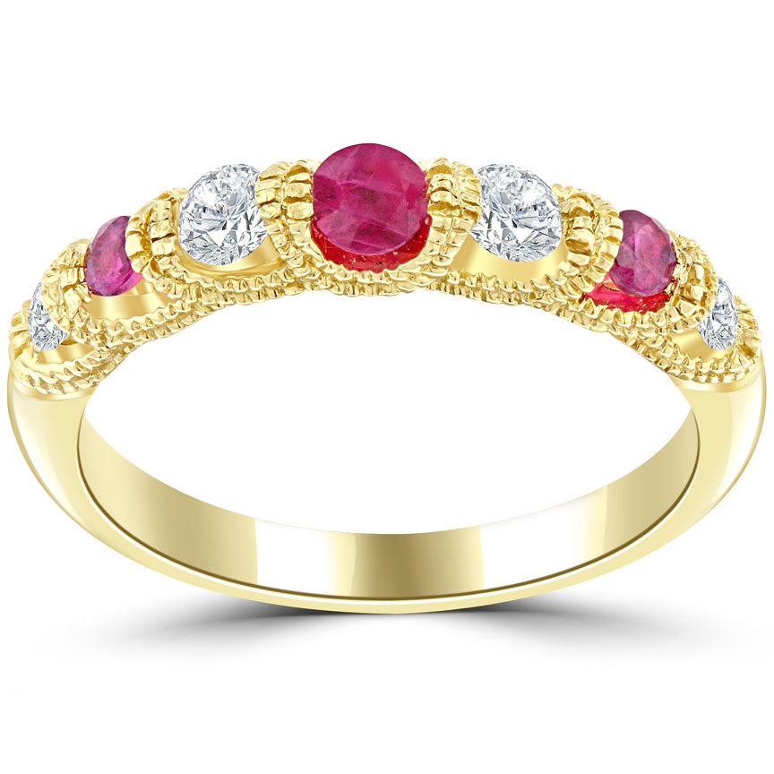 1.15 CTW Genuine Ruby & Diamond Wedding Band Anniversary Ring 14k Yellow Gold