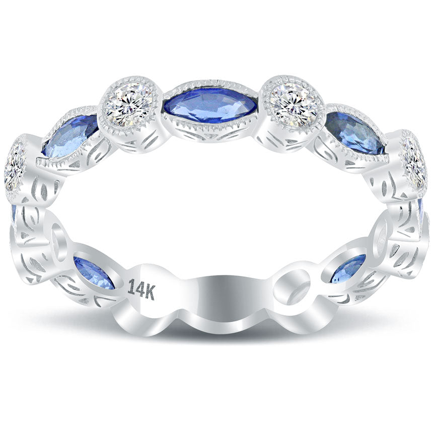 1.55ctw Genuine Blue Sapphire & Natural Diamond Wedding Band Anniversary Ring 14k Gold