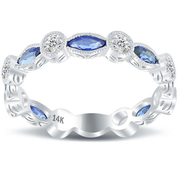 1.55ctw Genuine Blue Sapphire & Natural Diamond Wedding Band Anniversary Ring 14k Gold