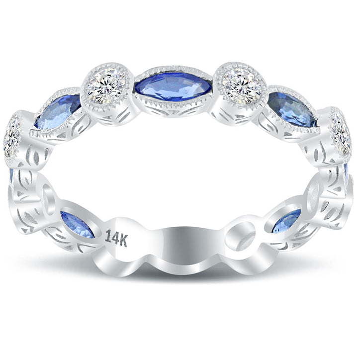 1.55ctw Genuine Blue Sapphire & Natural Diamond Wedding Band Anniversary Ring 14k Gold
