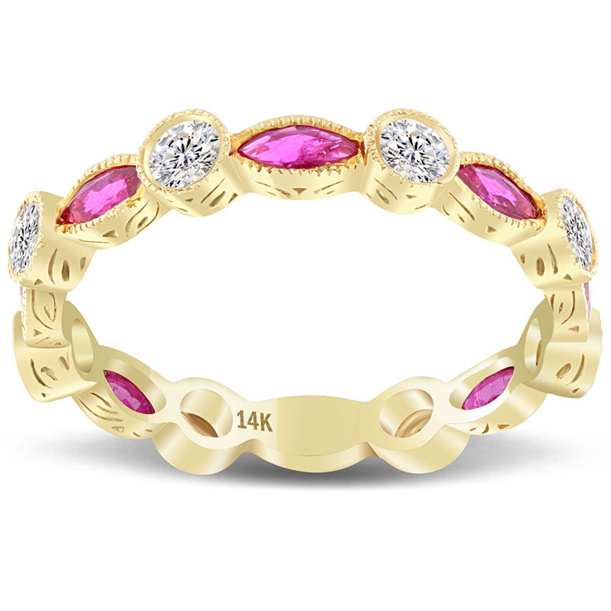 1.55ctw Genuine Ruby & Natural Diamond Wedding Band Anniversary Ring 14k Yellow Gold