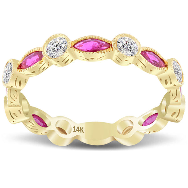 1.55ctw Genuine Ruby & Natural Diamond Wedding Band Anniversary Ring 14k Yellow Gold