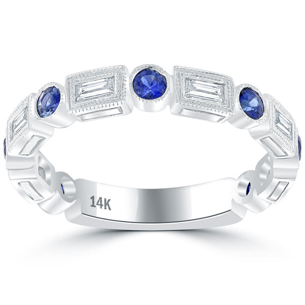 1.30ctw Genuine Blue Sapphire & Diamond Wedding Band Anniversary Ring 14k Gold