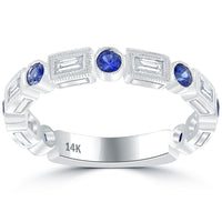 1.30 CTW Genuine Blue Sapphire & Diamond Wedding Band Anniversary Ring 14k Gold