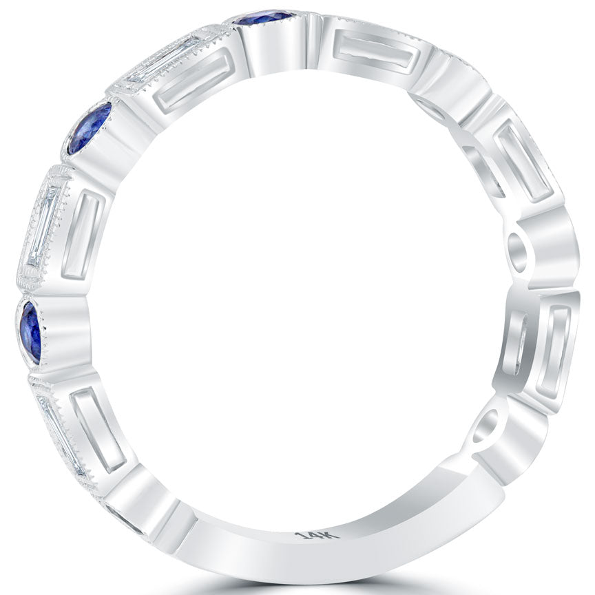 1.30ctw Genuine Blue Sapphire & Diamond Wedding Band Anniversary Ring 14k Gold