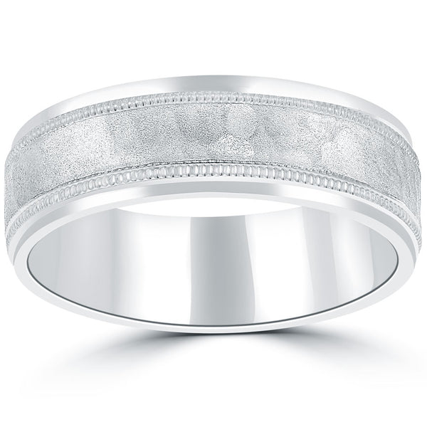 Hammered Milgrain Finish Wedding Band Ring 14k White Gold Comfort Fit (7 mm)