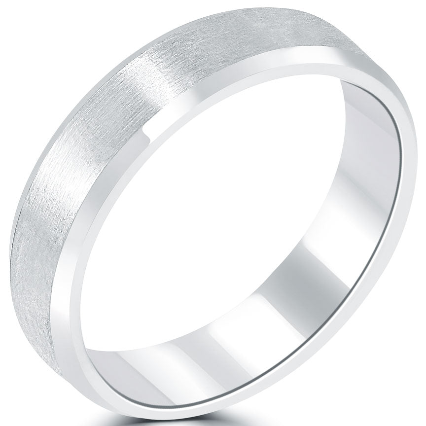 Beveled Edge Matte Finish Wedding Band Ring 14k White Gold Comfort Fit (5 mm)