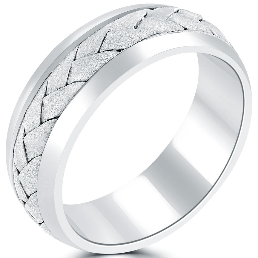Braided Matte Finish Wedding Band Ring 14k White Gold Comfort Fit (7.5 mm)