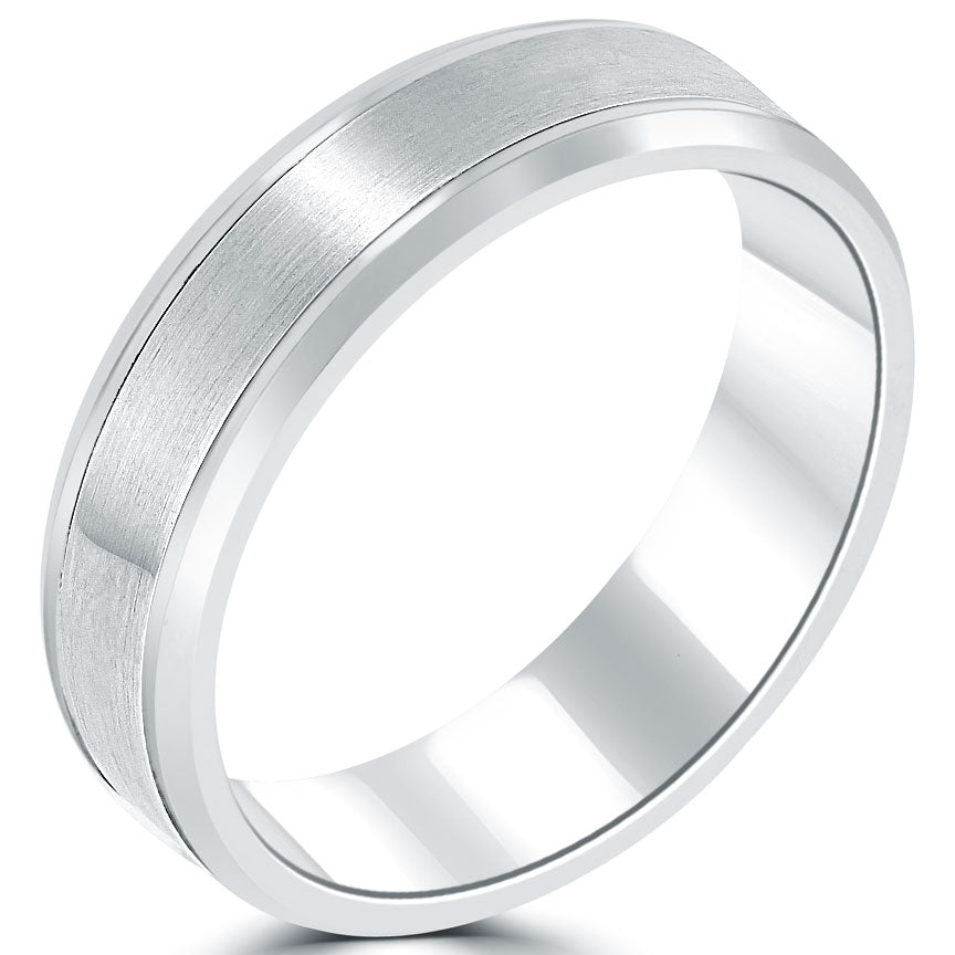 Double Inlay Matte Finish Wedding Band Ring 14k White Gold Comfort Fit (6 mm)