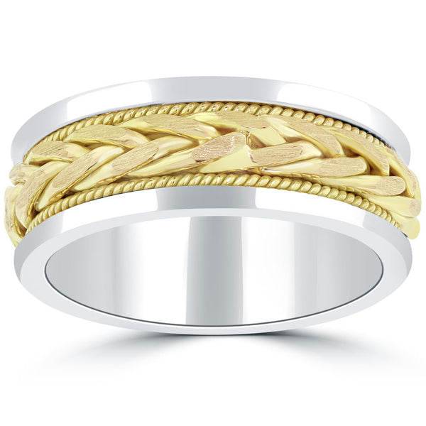 Braided Matte Finish Wedding Band Ring 14k White & Yellow Gold Comfort Fit (8mm)