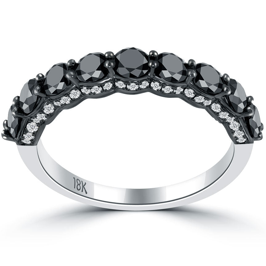 2.10ctw Black & White Diamond Wedding Band Ring Micro Pave 14k White Gold