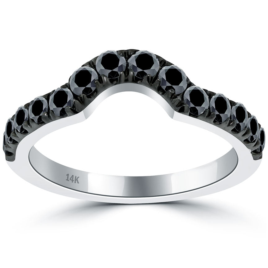 1.40 Carat Matching Black Diamond Wedding Band Ring With Curve 14k White Gold